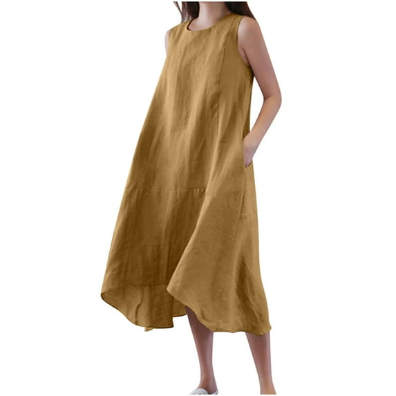 Itsame Womens Casual Dresses Solid Color Round Neck Round Neck Cotton Thin Dress Yellow Size M