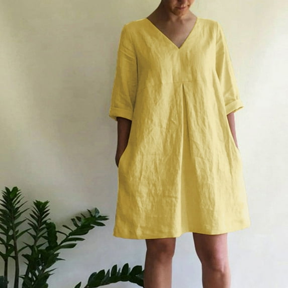 Itsame Womens Casual Dresses Solid Color V-neck Cotton Thin Dress Yellow Size XL