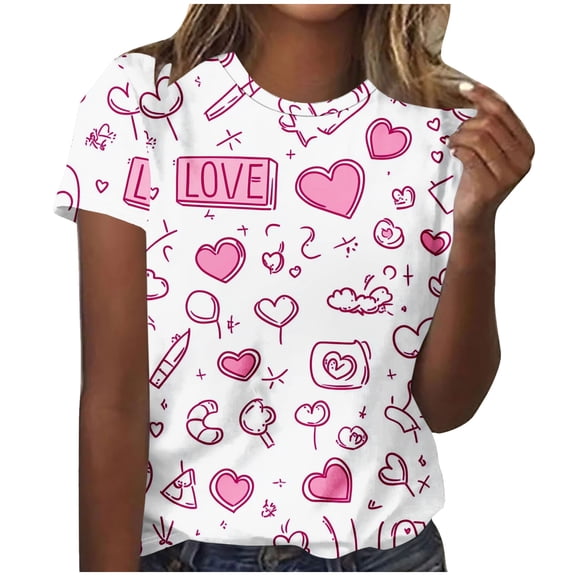 Itsame Womens Heart Printed T-Shirt Valentine's Day Short Sleeved Tops Relaxed Round Neck T Shirt White Size M