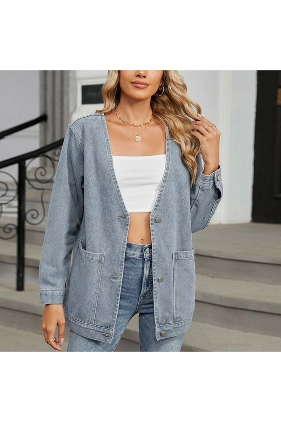 Womens Jean Jackets, Button Down Classic Fashion Denim Jacket Coats Blue L