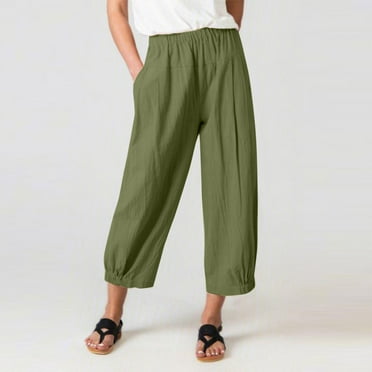 Itsame Womens Linen Capris, Elastic Waist Casual 2024 Summer Lounge Beach Vacation Trousers Army Green S