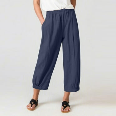 Itsame Womens Linen Capris, Elastic Waist Casual 2024 Summer Lounge Beach Vacation Trousers Navy M