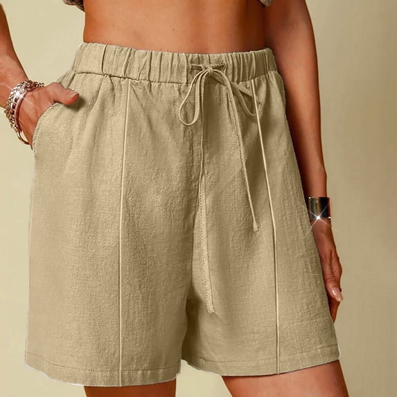 Itsame Womens Linen Shorts Pockets Women Walk Short Sweat Pants Comfortable Cotton Wide Leg Shorts Khaki Size 2XL