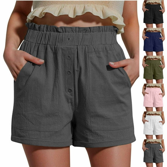 Itsame Womens Linen Shorts Pockets Women Walk Short Sweat Pants Relaxed Button Cotton Wide Leg Shorts White Size M