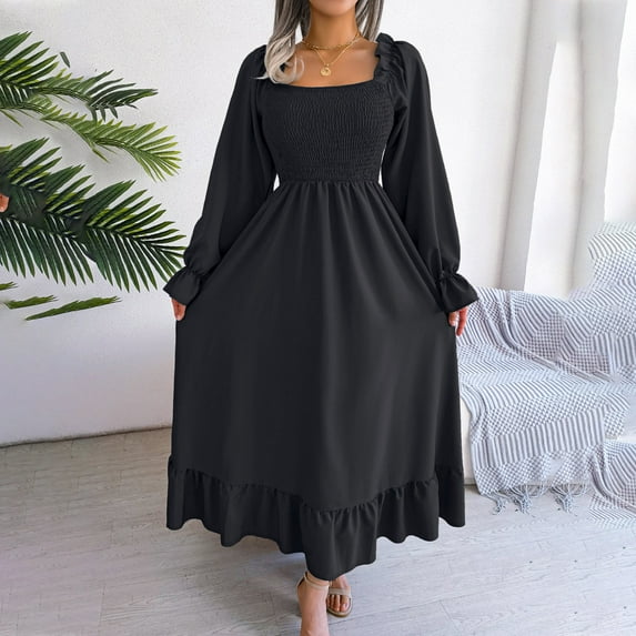 Itsame Womens Long Sleeve Dress, Square Neck Gentle Hem Ruffle Classic Midi Dress Black XL