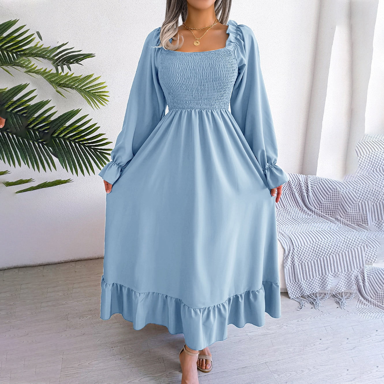 Square Neck Lace Cap Sleeves Ruffles Long Dress Ink Blue main image 1