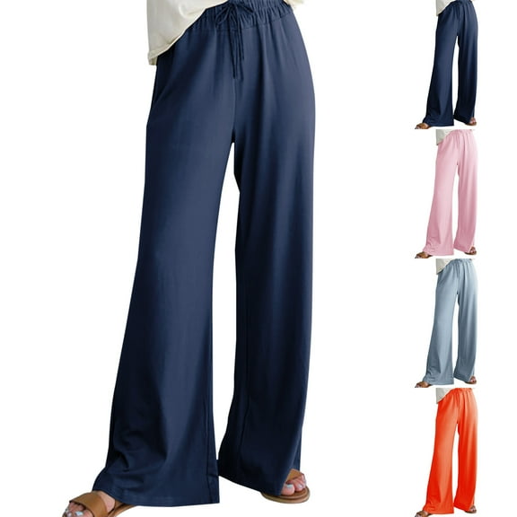 Itsame Womens Loose Long Pants Pocket Solid Color Cotton High Waisted Wide Leg Sweatpants Navy Size 2XL