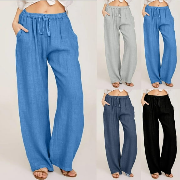 Itsame Womens Loose Long Pants Solid Color Relaxed Cotton High Waisted Wide Leg Sweatpants Blue Size 4XL