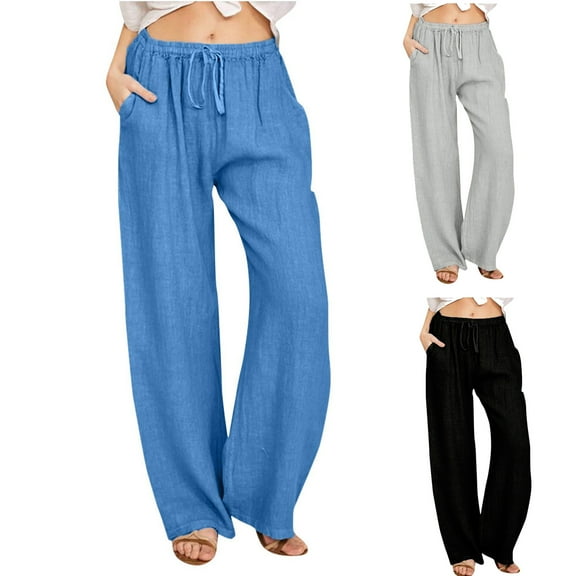 Itsame Womens Loose Long Pants Solid Color Relaxed Cotton High Waisted Wide Leg Sweatpants Blue Size 4XL