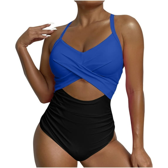 Itsame Womens One-Piece Swimsuit, Big Size Color Block Strap Backless Bathing Suit Blue S-XXL