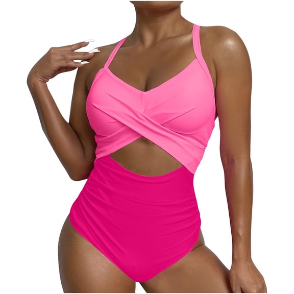 Itsame Womens One-Piece Swimsuit, Color Block Big Size Strap Backless Bathing Suit Pink S-XXL