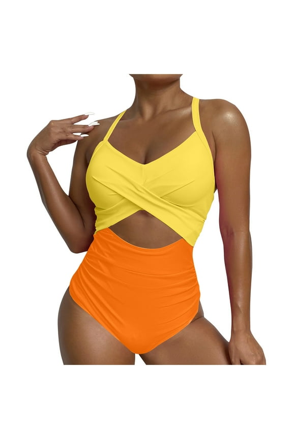 Womens One-Piece Swimsuit, Color Block Big Size Strap Backless Bathing Suit Yellow S-XXL