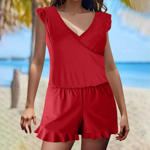 Itsame Womens One-Piece Swimsuit, Plus Size Built-in Bra Pockets Shorts Solid Bathing Suit Red S-XXXL