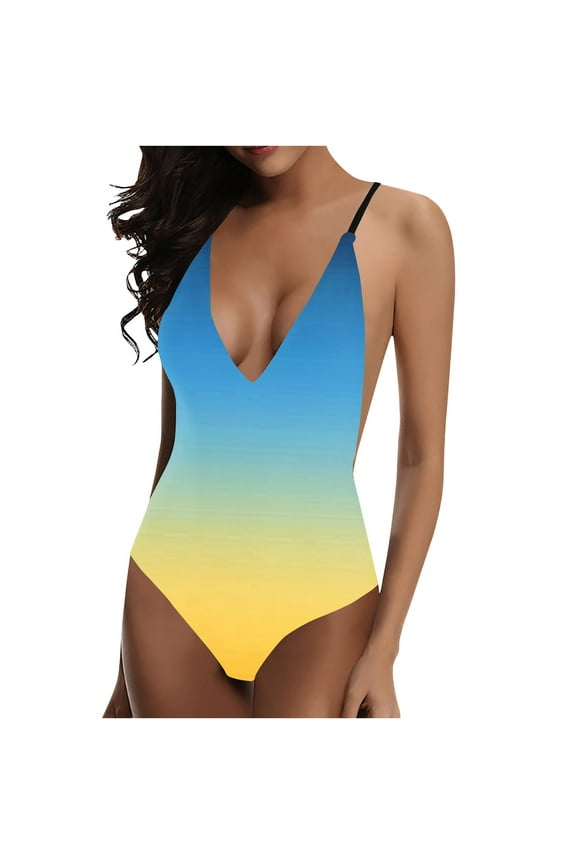 Womens One-Piece Swimsuit, Plus Size V Neck Sexy Bikini Bathing Suit Yellow S-5XL