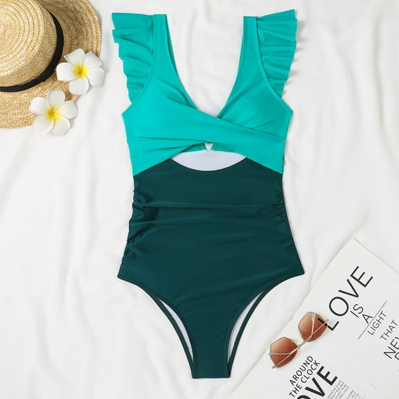 Itsame Womens One-Piece Swimsuit, Ruffle Hollow Color Block Diving Suit Surfing Suit Green S-XL