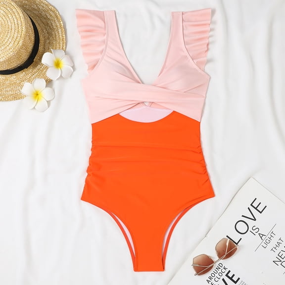 Itsame Womens One-Piece Swimsuit, Ruffle Hollow Color Block Diving Suit Surfing Suit Orange S-XL