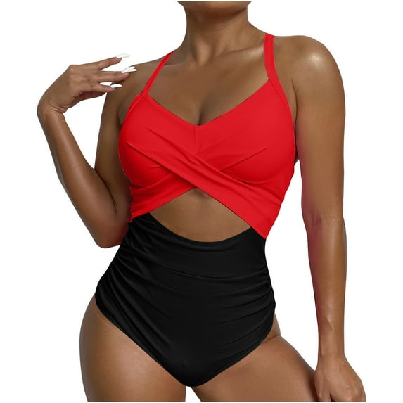 Itsame Womens One-Piece Swimsuit, Strap Backless Big Size Color Block Bathing Suit Red S-XXL