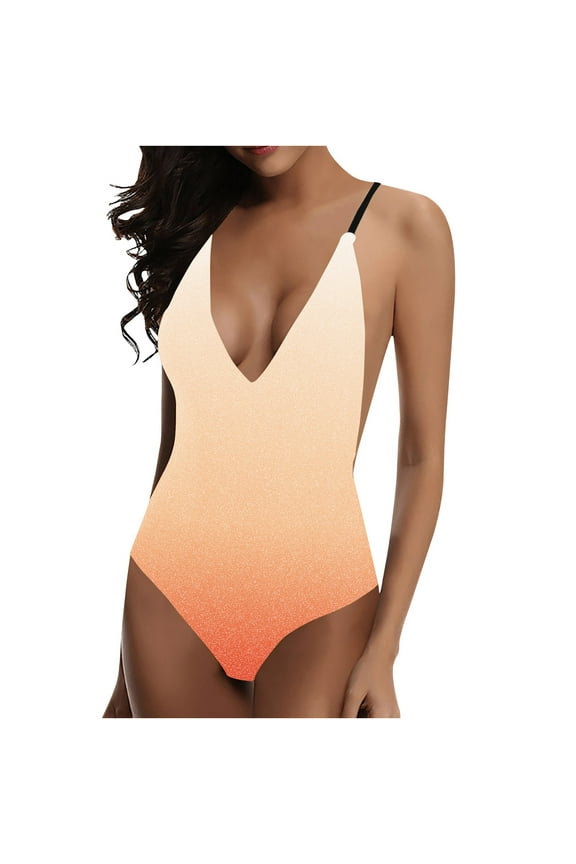Womens One-Piece Swimsuit, V Neck Plus Size Sexy Bikini Bathing Suit Orange S-5XL