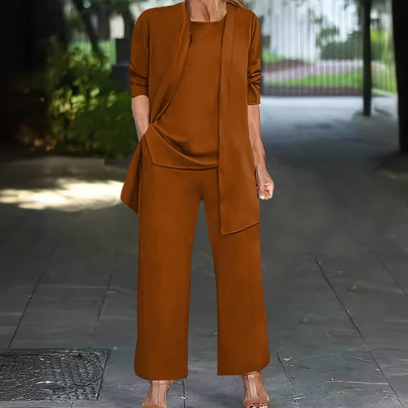 Itsame Womens Sets, Sleeveless Top Long Sleeve Cardigan with Wide Leg Pants Casual Outfits Brown XL