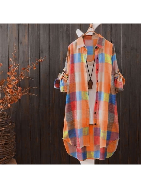 Womens Shacket Jackets, Long Sleeve Plaid Shirts Button Down Long Blouses Coats Orange S
