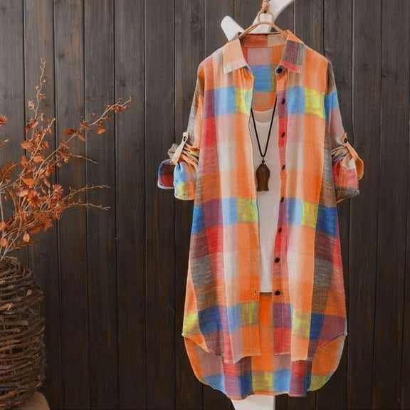 Itsame Womens Shacket Jackets, Plaid Shirts Button Down Long Sleeve Long Blouses Coats Orange XXXL
