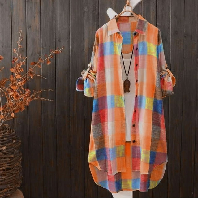 Itsame Womens Shacket Jackets, Plaid Shirts Button Down Long Sleeve Long Blouses Coats Orange XXXL