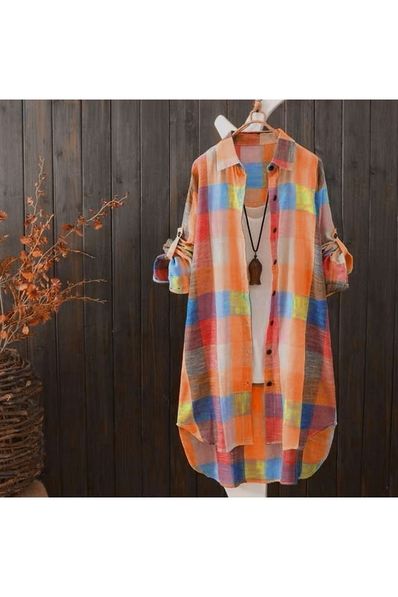 Womens Shacket Jackets, Plaid Shirts Button Down Long Sleeve Long Blouses Coats Orange XXXL