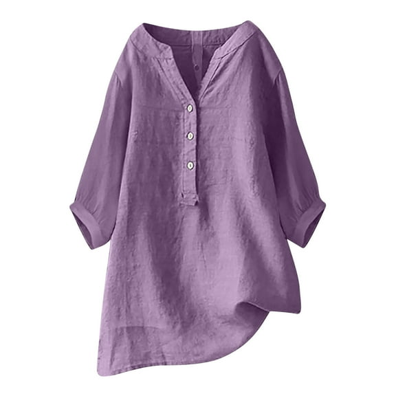 Itsame Womens Shirts, Loose Button V-Neck 3/4 Sleeve Cotton Linen Blouses Purple XL