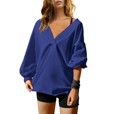 Itsame Womens Sweatshirts, Casual Loose Solid Color V Neck Oversized Tees Blue S