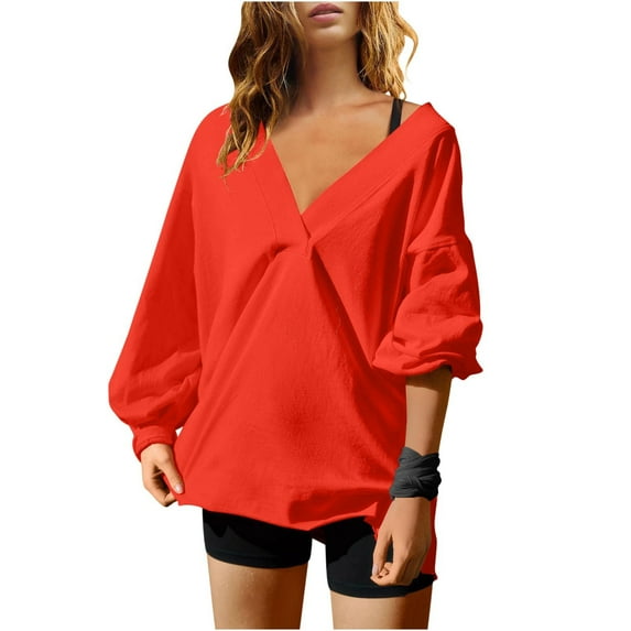 Itsame Womens Sweatshirts, Casual Loose Solid Color V Neck Oversized Tees Orange XL