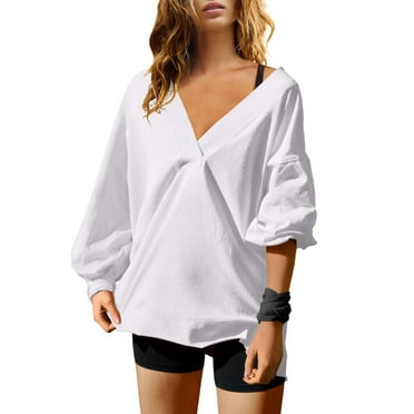 Itsame Womens Sweatshirts, Casual Loose Solid Color V Neck Oversized Tees White 2XL