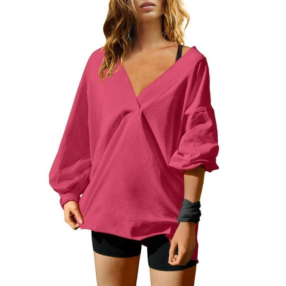 Itsame Womens Sweatshirts, Solid Color Casual Loose V Neck Oversized Tees Hot Pink XL