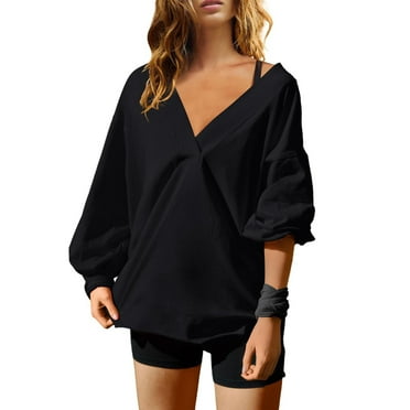 Itsame Womens Sweatshirts, Solid Color V Neck Casual Loose Oversized Tees Black 2XL