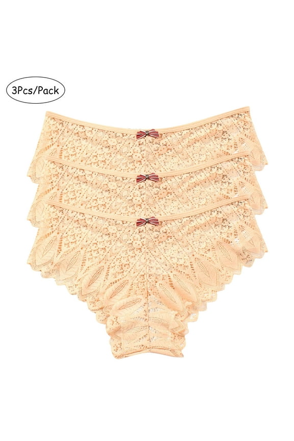Womens Thongs Panties, Breathable Plus Size Sexy Lace 3 Pack Cotton Underwear Beige S