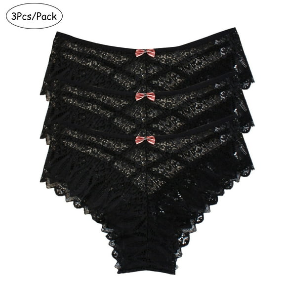 Itsame Womens Thongs Panties, Breathable Plus Size Sexy Lace 3 Pack Cotton Underwear Black S