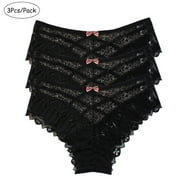 Itsame Womens Thongs Panties, Plus Size Breathable Sexy Lace 3 Pack Cotton Underwear Black 2XL