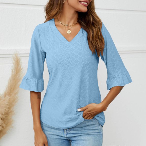 Itsame Womens Tops, Split Flare Sleeves Casual V-Neck Loose Comfy Blouses Blue M