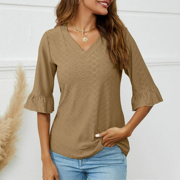 Itsame Womens Tops, V-Neck Split Flare Sleeves Casual Loose Comfy Blouses Brown 2XL
