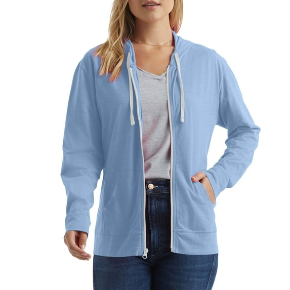 Itsame Zipper Hoodies for Women Lightweight Hood Sweatshirts Pullover Crew Neck Pocket Solid Color Zipper Long Sleeve Sportswear Light Blue Size S