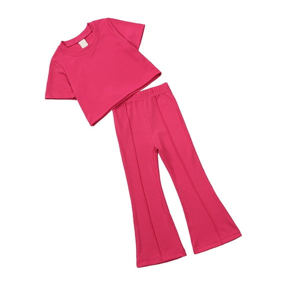 Itsun Baby Girl Outfits,Toddler Baby Girls Fashion Casual Children's Short-Sleeved Blouse Bell-Bottoms Two-Piece Suit Hot Pink 3-4 Years