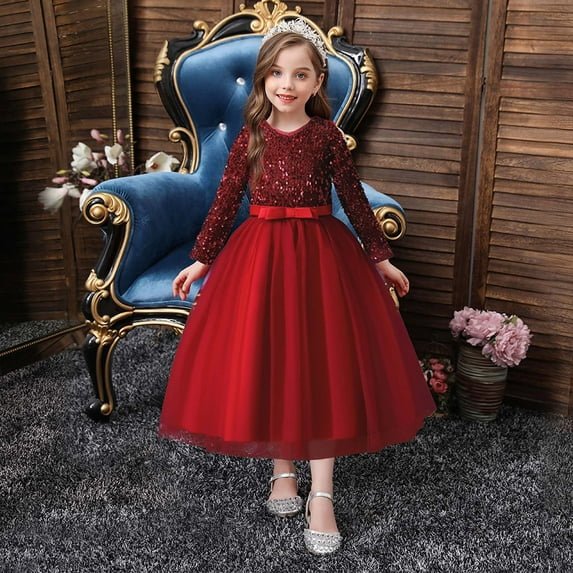 Itsun Children Dress Girl Long Sleeve Girl Princess Dress Long Sequin Dress Dress Red (4-12Years)
