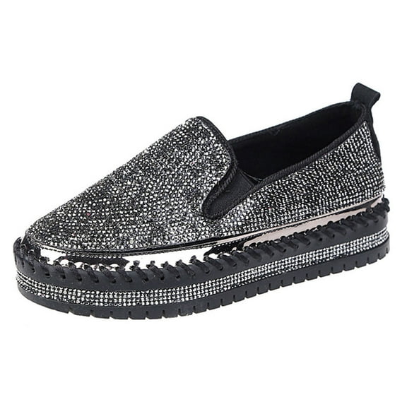 Itsun Flat Shoes for Women,Women's Single Shoes Rhinestones Thick-Soled Flat Shoes Casual Students Shoes Black