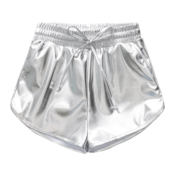 Itsun Girls Dance Shorts,Children's Unisex Solid Color Hot Stamping Leather Casual Sports Shorts Silver 5-6 Years
