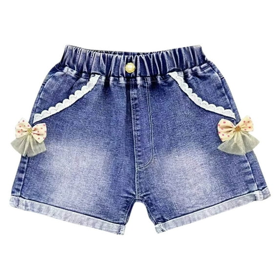 Itsun Girls Jeans,Little Girls Jean Shorts Cut Off Denim Shorts Elastic Waist Drawstring Shorty Shorts for Teen Girls Blue 5-6 Years