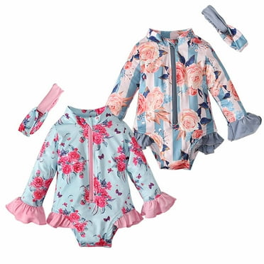 Itsun Girls' Swimwear,Toddler Girl's Long-sleeved Flower Print Ruffle Trim Swimsuit With Hair Swimwear Suit Light Blue 3-4 Years