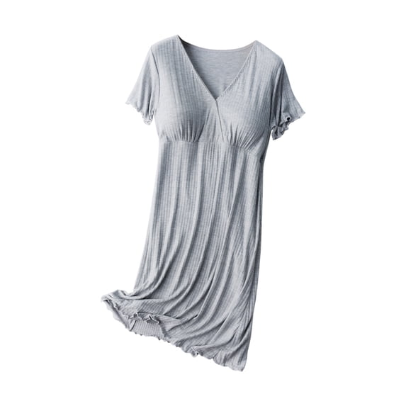 Itsun Maternity Dress,Women's Solid V-neck Short Sleeve Breastfeeding Postpartum Pregnant Dress Sleepwear With Chest Pad Gray