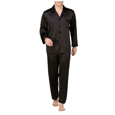 Itsun Mens Pajamas Set,Men's Silk Satin Pajama Set Short Sleeve Classic Sleepwear Button Loungewear with Long Pants Black