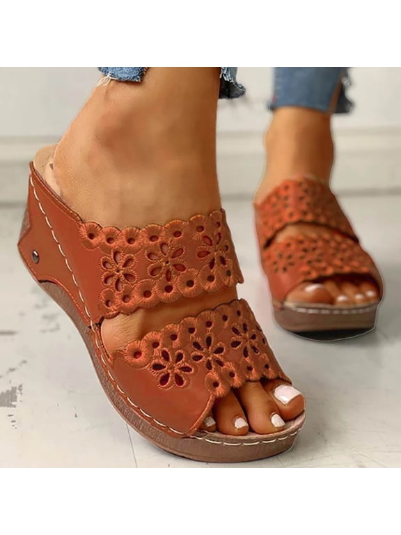 Itsun Platform Sandals Women,Womens Sandals with Arch Support Comfort Slip on Casual Beach Travel Walking Platform Wedge Shoes Brown