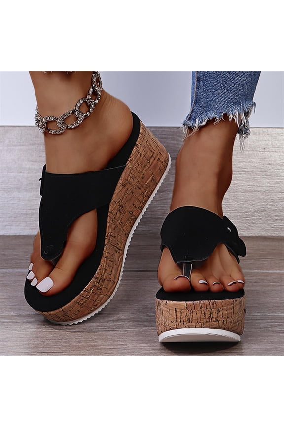 Itsun Platform Sandalss Women Wedge, Womens Sandals Flip Flop Comfort Slip on Casual Beach Travel Walking Platform Wedge Shoes Black