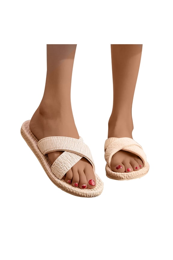 Itsun Sandals Women,Women's Open Toe Slide Sandals Criss Cross Wide Strap Grass Woven Sole Flat Sandals for Summer Beige